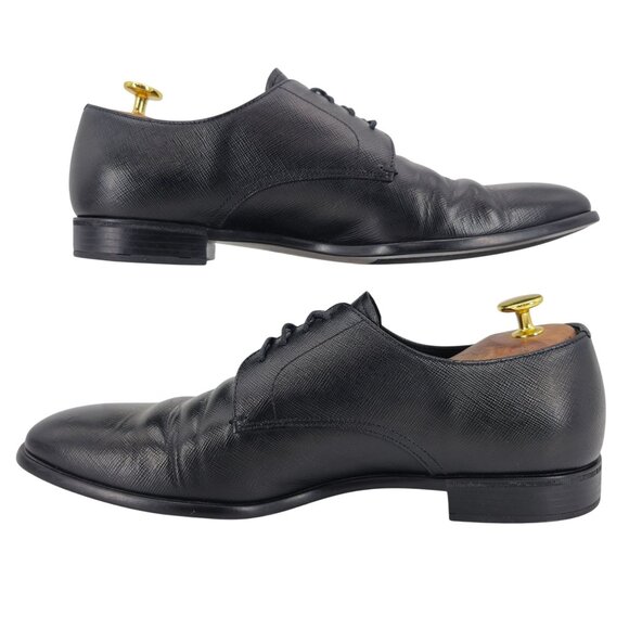 Prada Italian Saffiano Black Leather Dress Shoes Mens 8.5 Luxury Formal Oxfords - Picture 8 of 14